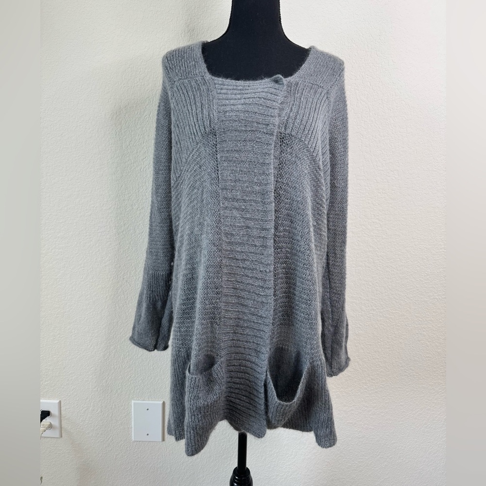 Eileen Fisher Air Knit Snap Button Mohair Wool Cardigan Gray Sz L Grunge Grandma